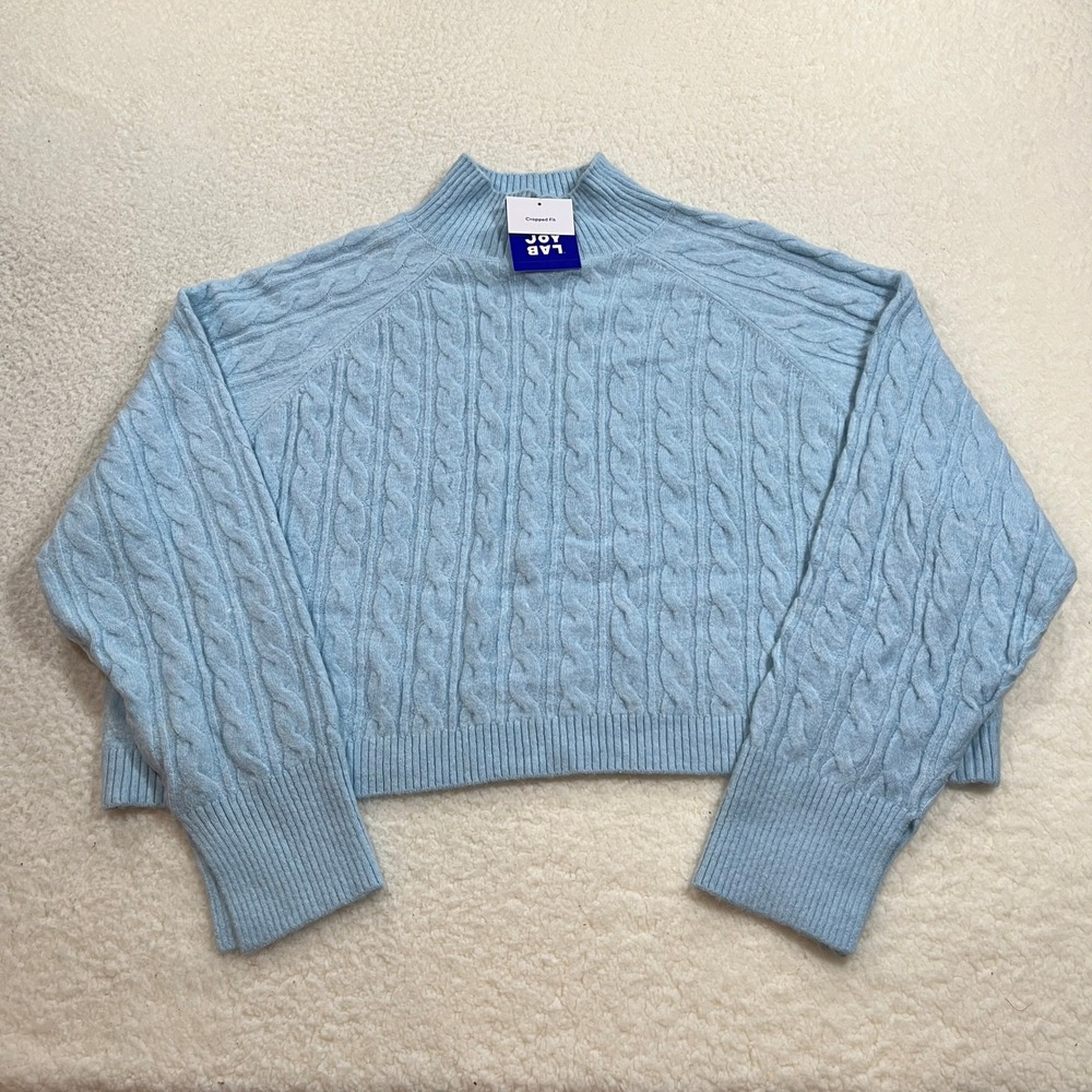 JoyLab Sweater Womens‎ XL Blue Cable Knit Cropped Mock Neck Raglan Pullover